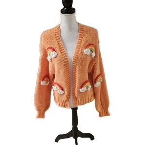 Italy Moda Chunky Knit S/M Cropped Cardigan Rainbow Cloud Applique Grannycore